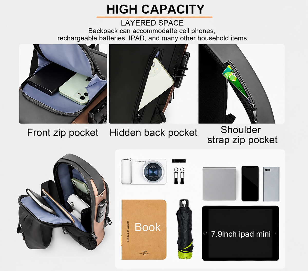BAGSTREET New Waterproof Anti-Theft Unisex Sling Crossbody Bag with USB Charging Port and Combination Lock - Black